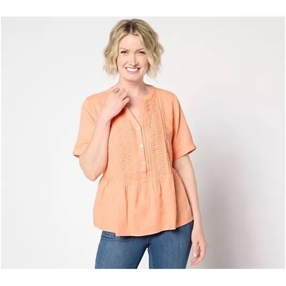 Naturals d&co Orange‎ Linen Blend Peplum Pintuck Short Sleeve Blouse Size Medium